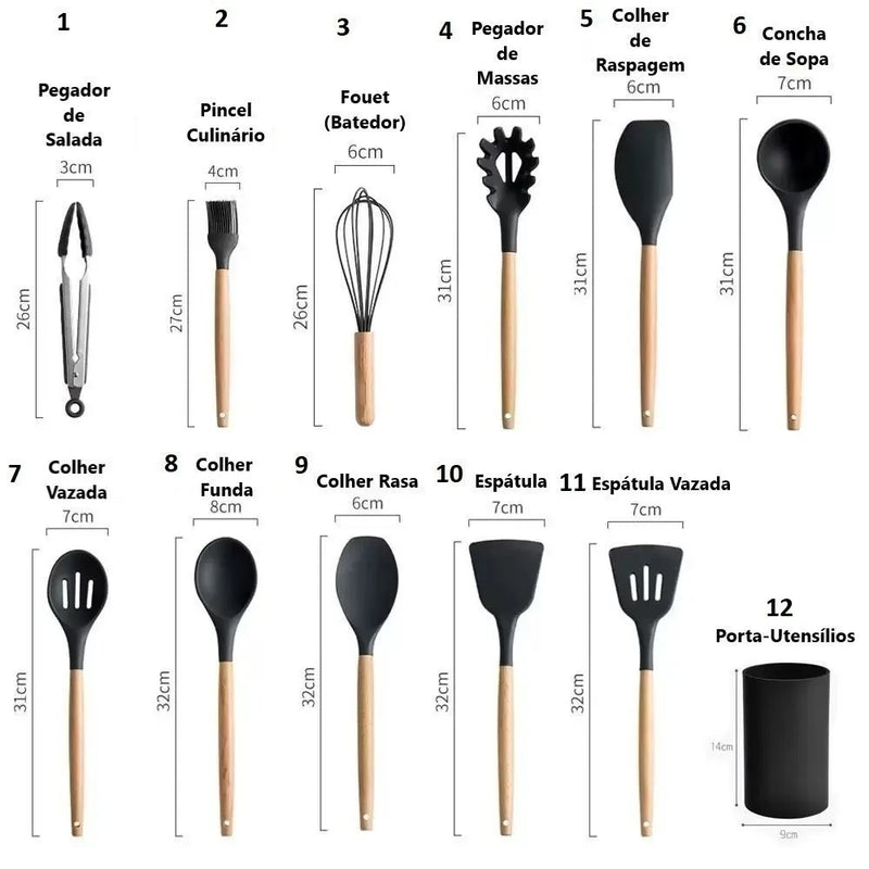 Kit Completo de Cozinha 12 Peças - Utensílios de Silicone com Suporte e Cabo de Madeira