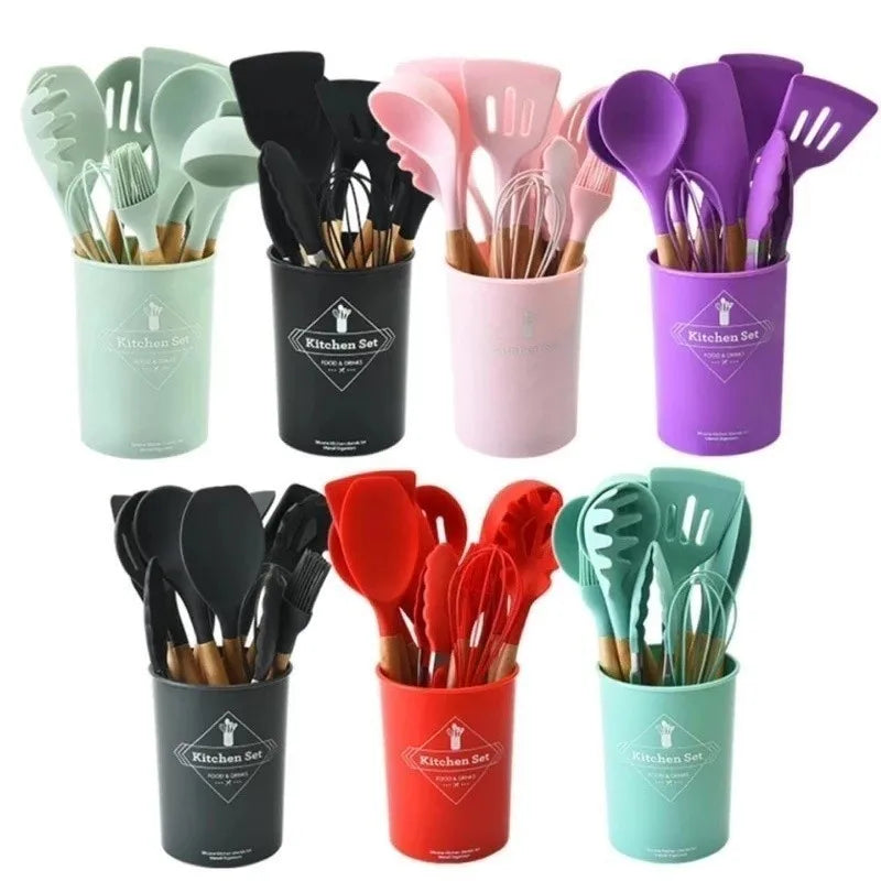 Kit Completo de Cozinha 12 Peças - Utensílios de Silicone com Suporte e Cabo de Madeira