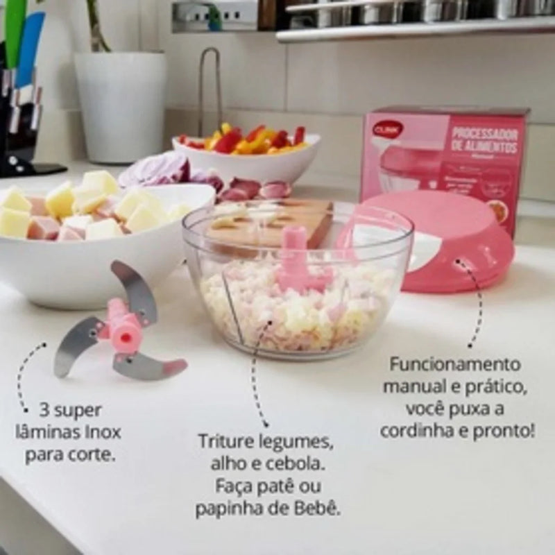 Triturador Manual Multiuso 500ml - 3 Lâminas para Alho, Frutas e Mais